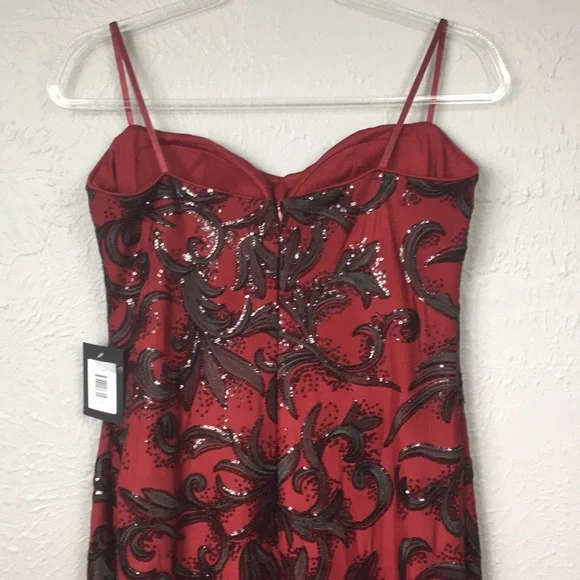 Marina Maroon & Black Sequin Strapless Sequin Gown